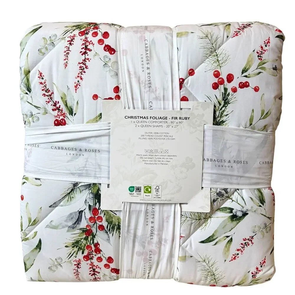 3pc Cabbages & Roses Christmas Foliage Fir Ruby QUEEN Comforter Set NEW